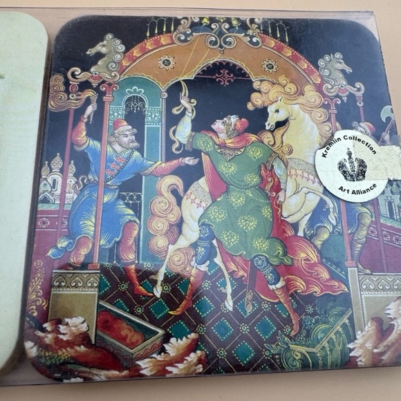 Coasters Set of 6 Square 3.5x3.5" Palekh Style Russian Fairy Tales - Picture 5 of 7